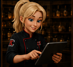 Blonde Karma team member confirming the order on a tablet