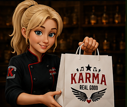 Blonde Karma team member holding a white Karma bag